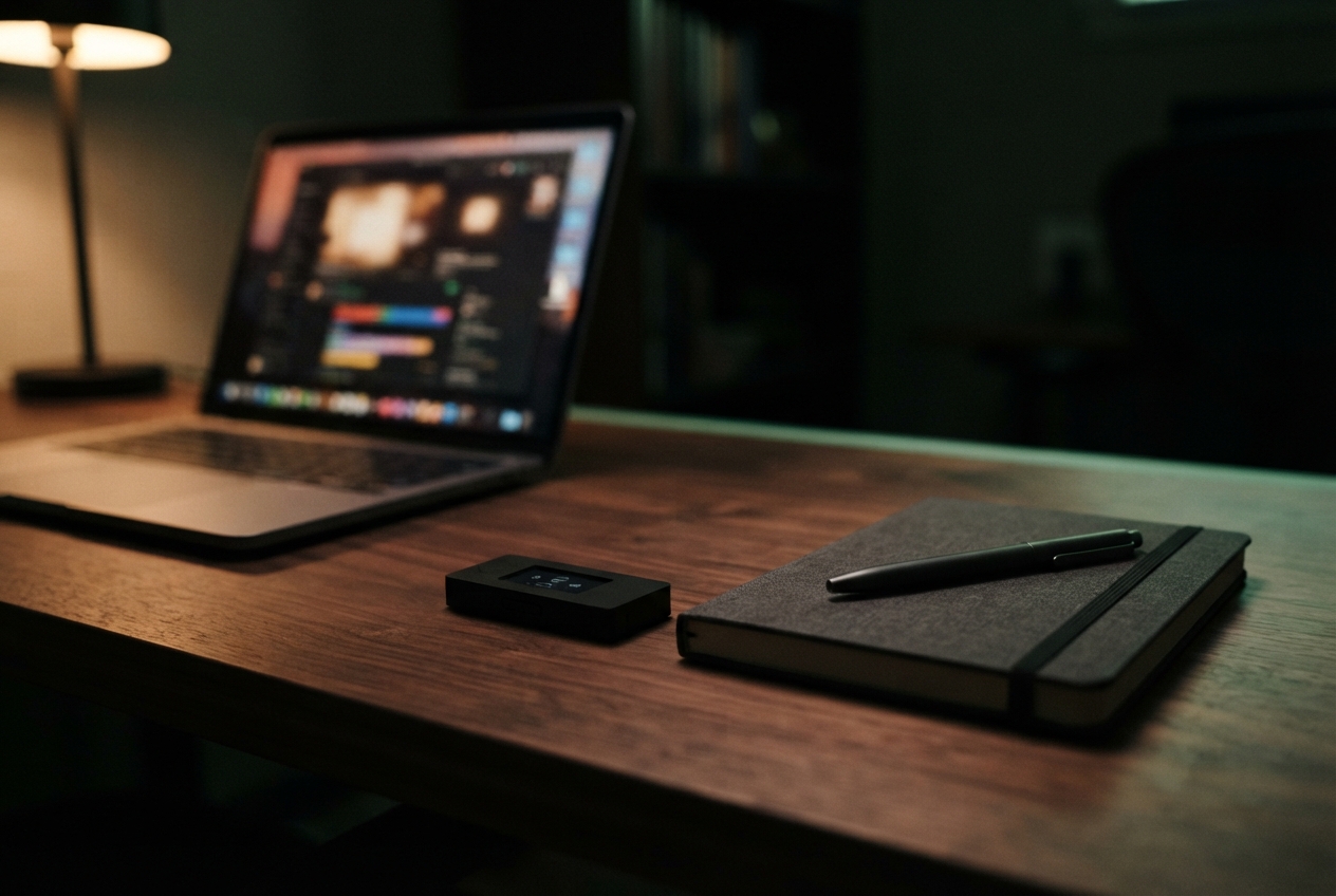 Dim wooden desk with an open laptop, small black device, closed notebook, pen, and warm desk lamp.
